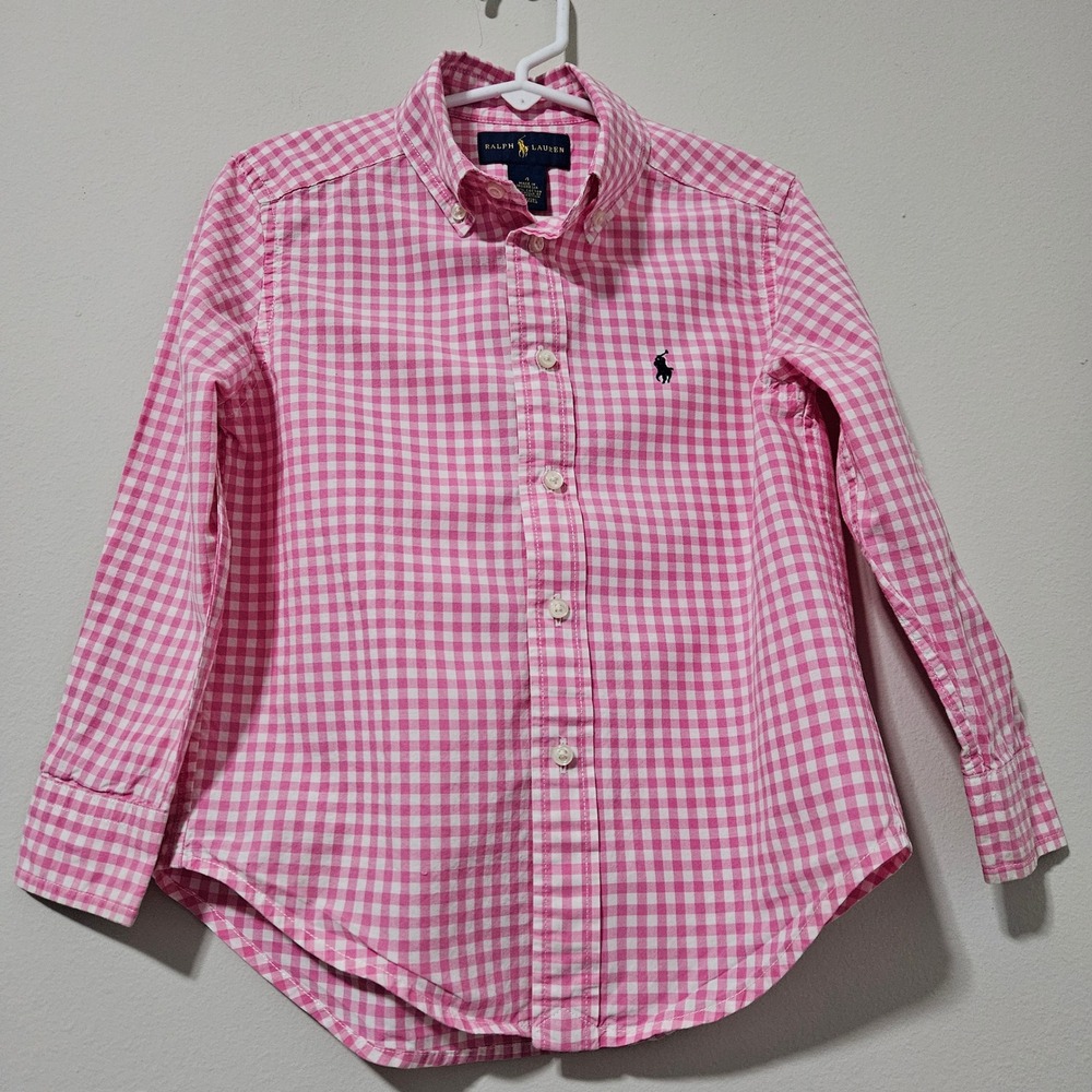 Ralph Lauren Kids Pink Gingham Check Button Down Shirt Long Sleeve Size 4